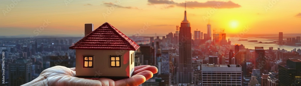 Fototapeta premium A hand holding a small house model with a red roof, with a city skyline at sunset in the background