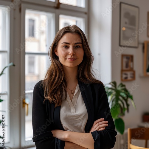 A woman working as a venture builder in her modern office, surrounded by a stunning city skyline, wearing business casual on a white background.