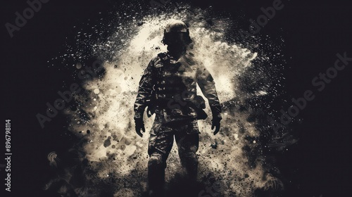 The figure of a firefighter in striking black and white, standing tall against a dark backdrop, capturing the essence of courage and duty.