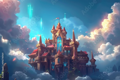 Majestic Castle in the Clouds with Floating Lights