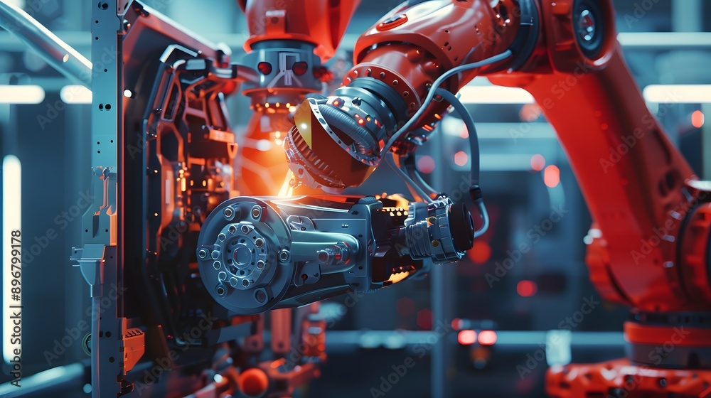 Fototapeta premium Industrial Robot Arm: A powerful industrial robot arm assembling car parts in an automated factory.