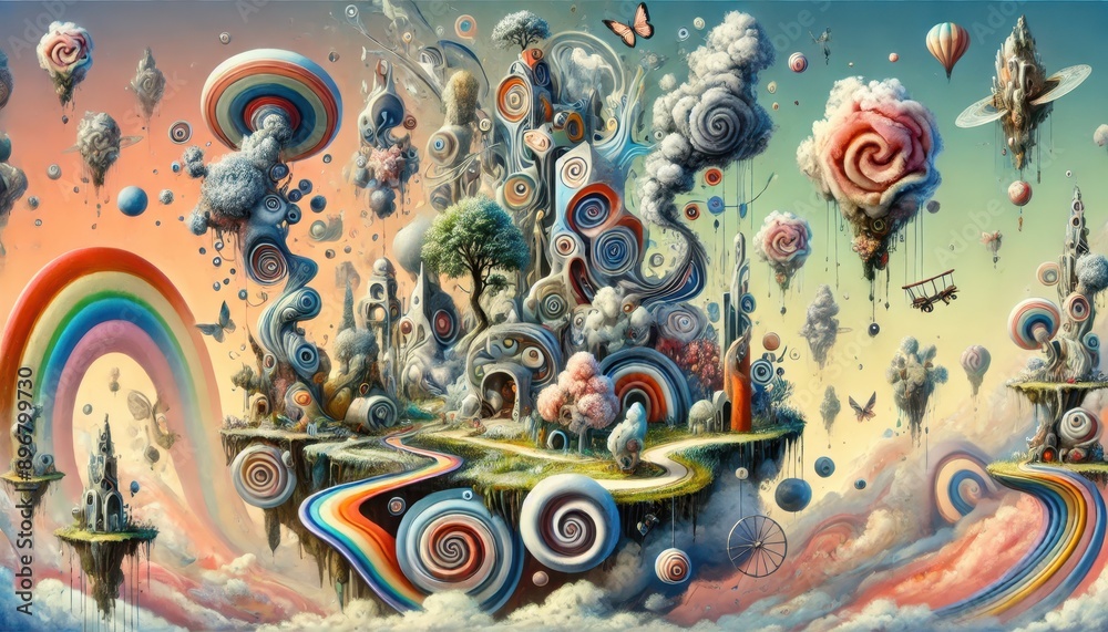 Surreal Dreamlike Landscape with Spirals, Floating Islands, and a Rainbow Path. Surreal Dreamlike Landscape with Spirals, Floating Islands, and a Rainbow Path.
