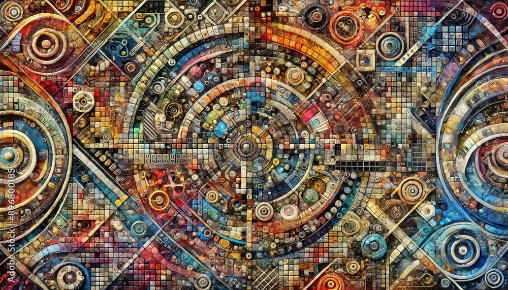 Abstract Mosaic Art - Colorful Geometric Pattern with Circles and Squares. Abstract Mosaic Art - Colorful Geometric Pattern with Circles and Squares.