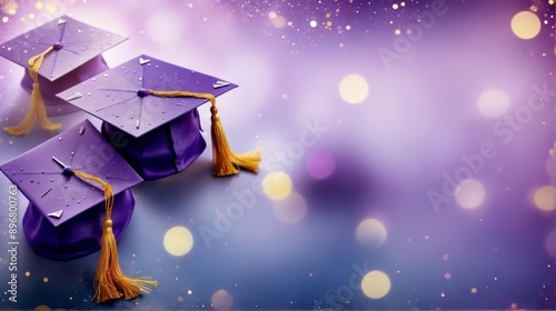Two Purple Graduation three purple graduation caps yellow tassel