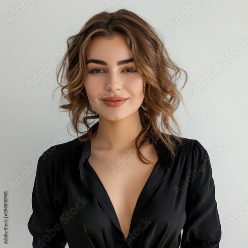 A woman with radiant beauty smiles warmly in a studio setting, showcasing her elegant hair and captivating eyes. Her confident look adds charm to the scene.