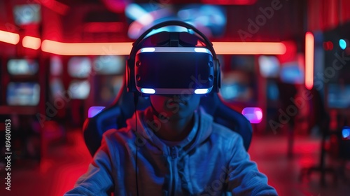 An AIenhanced gaming lounge with immersive virtual reality and advanced gaming technology, more clarity with clear light and sharp focus, high detailed photo