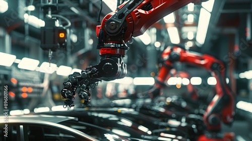 Industrial Robot Arm: A powerful industrial robot arm assembling car parts in an automated factory. 