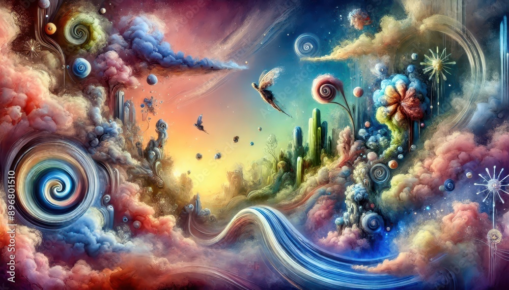 Surreal Abstract Fantasy Landscape with Swirls, Clouds, and Cosmic Elements. Surreal Abstract Fantasy Landscape with Swirls, Clouds, and Cosmic Elements.