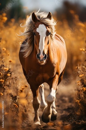 A horse running forward in a field.