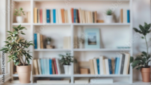 Blur background of white bookshelf filled various books differen photo