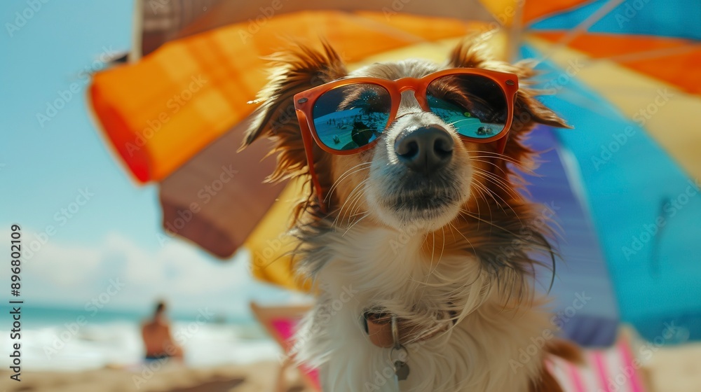 A comical moment of a funny looking dog wearing sunglasses, under beach umbrella. A comical moment of a funny looking dog wearing sunglasses, under beach umbrella.
