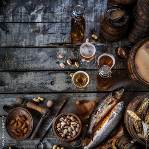 beer glasses and bottles, with barrels, smoked fish, and nuts, are arranged on a gray wooden surface, evoking a classic, hearty ambiance.