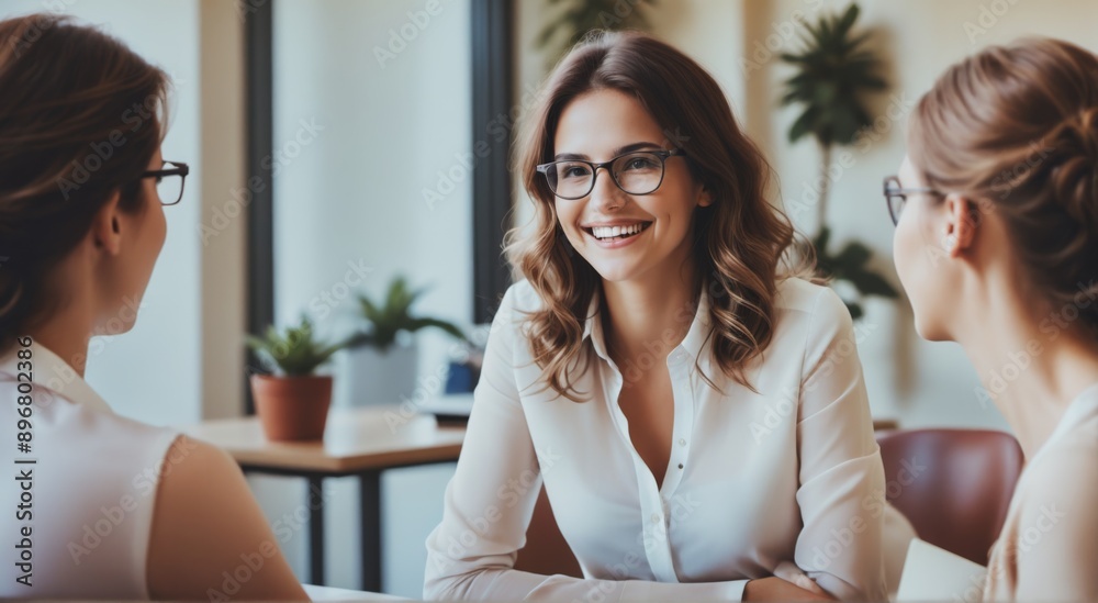 Meeting with a young woman sitting desk office smiling engaged c Meeting with a young woman sitting desk office smiling engaged c