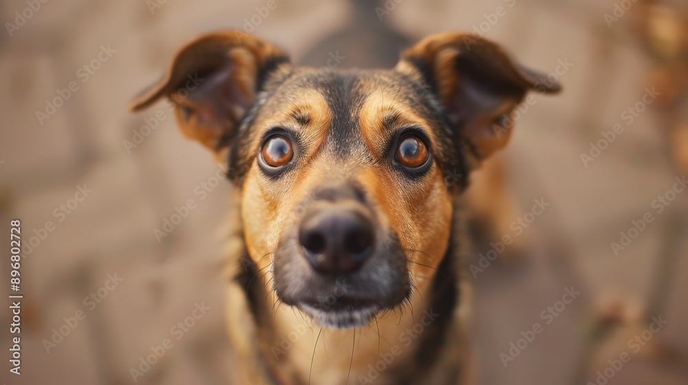 An adorable dog is captured looking up at the camera with wide, expressive eyes full of curiosity and affection. The background is softly blurred. An adorable dog is captured looking up at the camera with wide, expressive eyes full of curiosity and affection. The background is softly blurred.