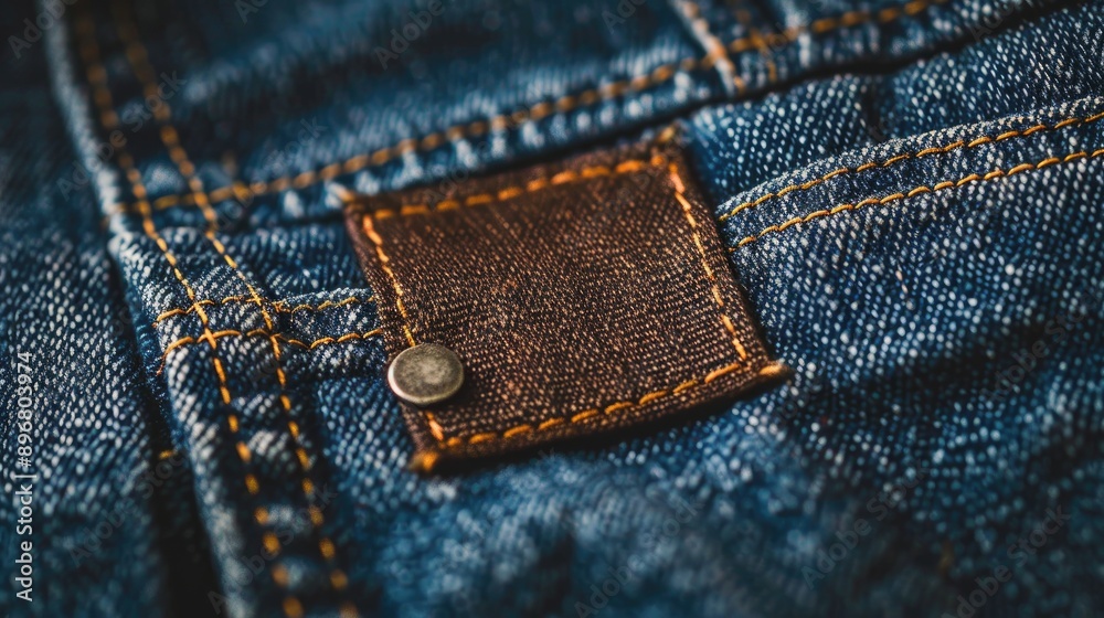 Leather label sewn on back of blue denim Leather label sewn on back of blue denim