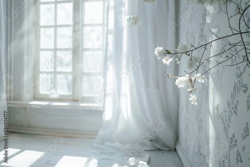 A home interior featuring a window with patterned curtains and wooden details, allowing light to filter through, enhancing the room's design and decoration