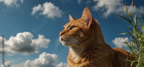 Ginger Cat looking  up with  blue sky background photo