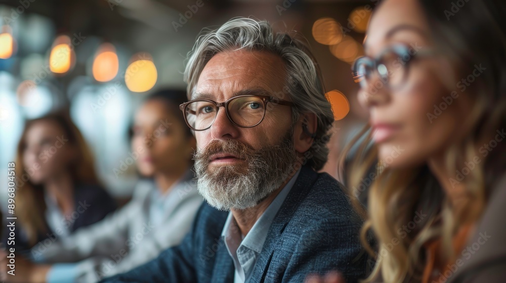 A diverse group of professionals engaged in a serious discussion, highlighting collaboration and innovation in modern business. A diverse group of professionals engaged in a serious discussion, highlighting collaboration and innovation in modern business.