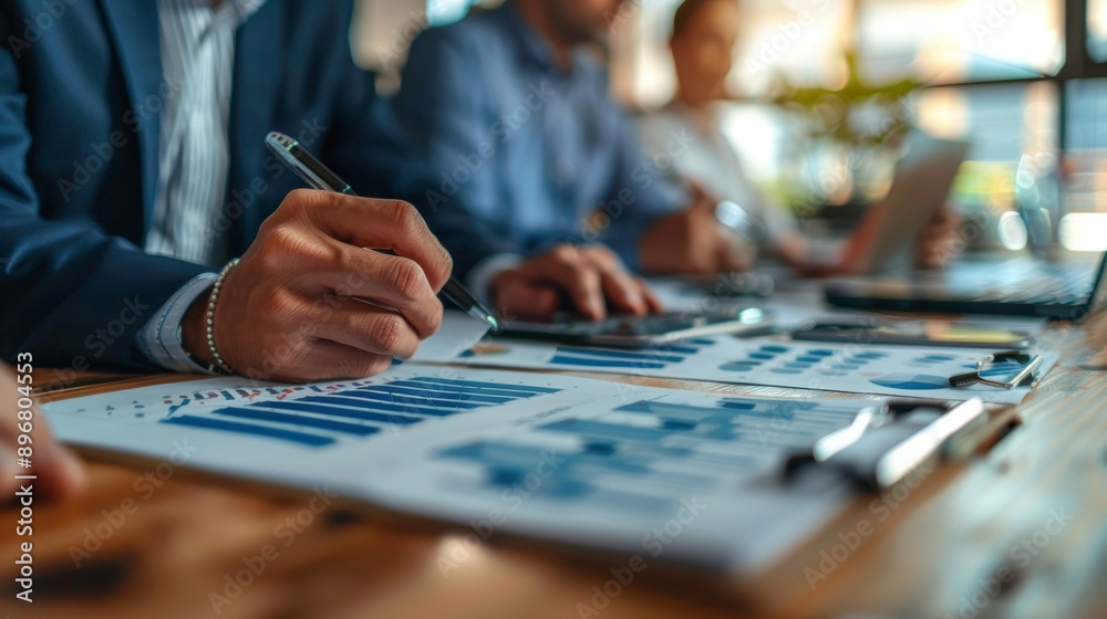 A focused business meeting with charts and graphs on the table, highlighting analysis and collaboration among professionals. A focused business meeting with charts and graphs on the table, highlighting analysis and collaboration among professionals.