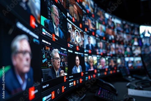11. An image depicting a virtual meeting of global leaders discussing AI ethics laws and regulations. Large screens show video feeds from different countries, with translators and AI assistants