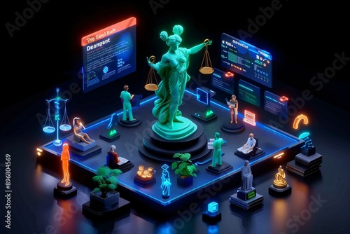 12. An illustration of a modern law firm specializing in AI ethics and regulations. Lawyers are seen reviewing documents and digital files, with large screens displaying key points on artificial