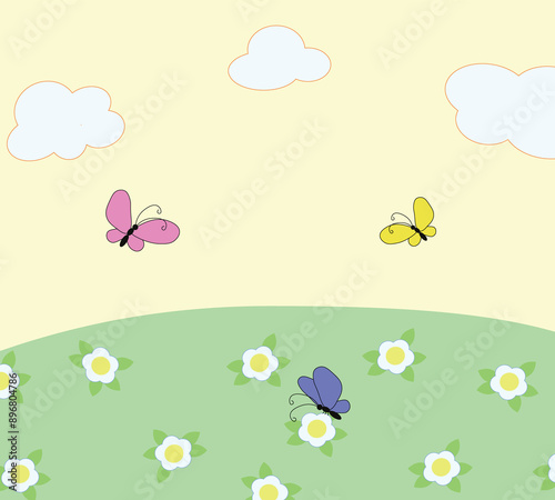 summer meadow with flowers and butterflies