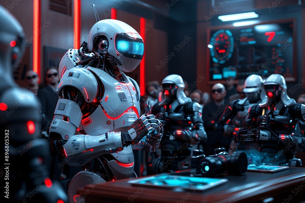1. An illustration of a futuristic courtroom with holographic displays showing AI algorithms and data streams. The judge and jury are analyzing complex AI ethics laws and regulations, with a robotic 1. An illustration of a futuristic courtroom with holographic displays showing AI algorithms and data streams. The judge and jury are analyzing complex AI ethics laws and regulations, with a robotic