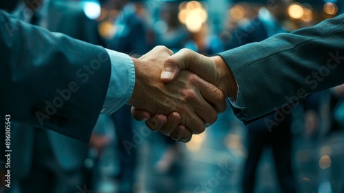 Close-up of two business professionals shaking hands, signifying agreement and collaboration in a corporate environment.