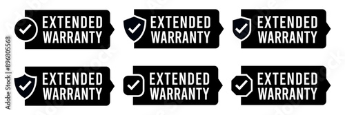 Extended warranty logo, badge, icon, sticker, label, emblem, stamp, symbol, black, golden, flat vector, isolated illustration.