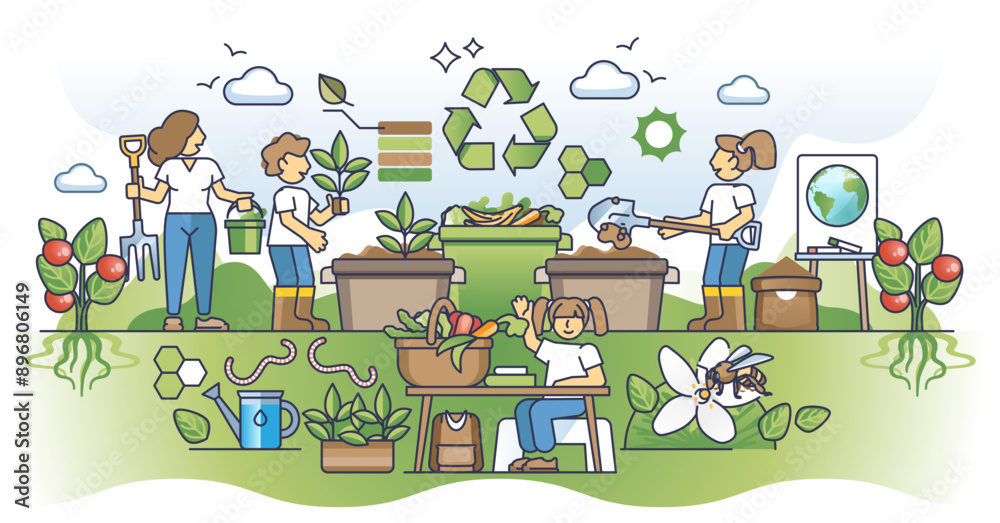 Obraz premium Education in organic practices or learn sustainable lifestyle outline concept, transparent background. Teach kids to compost kitchen leftovers and zero waste life illustration.