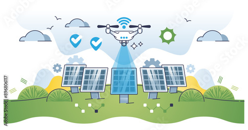 Drones for solar inspection as automatic technical checkup outline concept, transparent background. Renewable energy panel efficiency diagnostics with autonomous flight illustration.