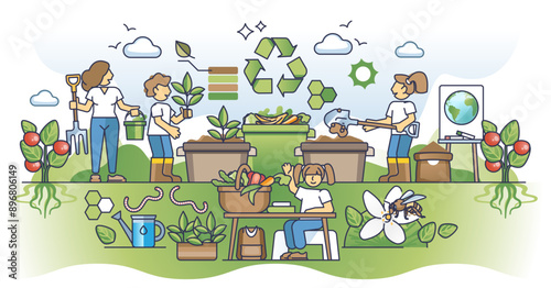 Education in organic practices or learn sustainable lifestyle outline concept, transparent background. Teach kids to compost kitchen leftovers and zero waste life illustration.