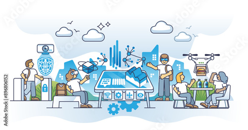 Embracing edge technology with innovative urban systems outline concept, transparent background. Modern connectivity for public usage and state of art tech integration in everyday life illustration.