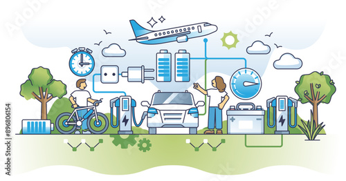 Electrical evolution in transportation with electricity power outline concept, transparent background. Modern, sustainable and nature friendly energy usage for personal EV.