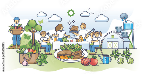 Grilled meat plate with vegetables in family outdoor lunch outline concept, transparent background. Eat balanced and healthy food with vitamins and nutrition illustration.