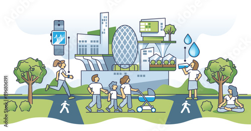 Health and well being in modern nature friendly world with green environment outline concept, transparent background. Healthy urban society with physical activities, suitable.