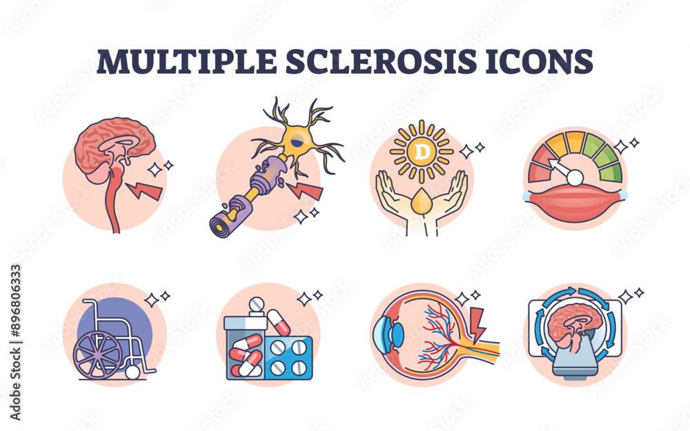 Multiple sclerosis icons with MS nerve cell or brain spinal cord damage illness outline concept, transparent background. Neurology disease explanation with symptoms. Multiple sclerosis icons with MS nerve cell or brain spinal cord damage illness outline concept, transparent background. Neurology disease explanation with symptoms.