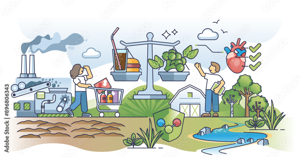Fototapeta premium Organic food consumption advantage over processed products outline concept, transparent background. Health and cardiac benefits from greens, vegetables and raw food illustration.