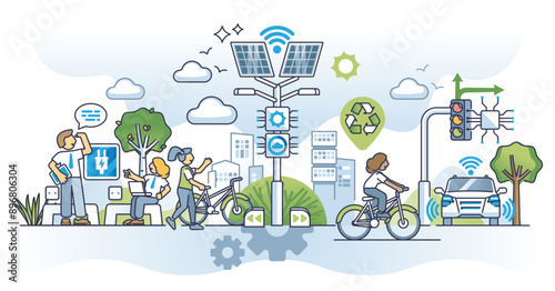 Navigating smart city and modern digitization management outline concept, transparent background. Developing urban environment with IOT and 5G technology.