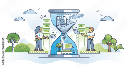 Navigating change management and business evolution outline concept, transparent background. Sustainable and environmental strategy for company transformation illustration.