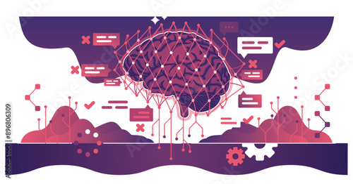 Machine learning and autonomous smart AI technology training outline concept, transparent background. Artificial intelligence as brain with neuron mesh.