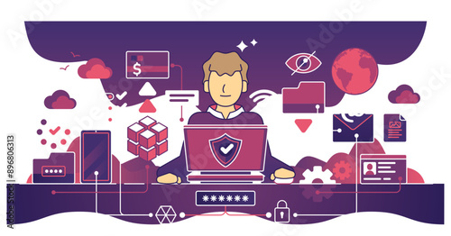 Network security with user safe personal file protection outline concept, transparent background. Person information encrypted defense for fraud or scam hackers illustration.
