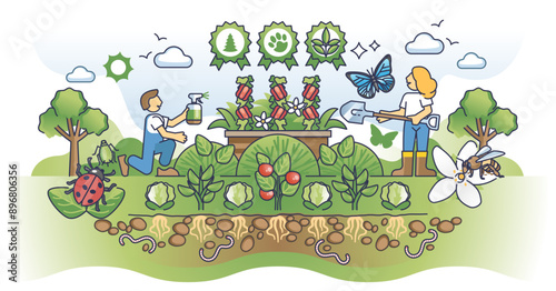 Protecting biodiversity with organics to save plants health outline concept, transparent background. Ecological agriculture, farming and local food growing with bio practices illustration.
