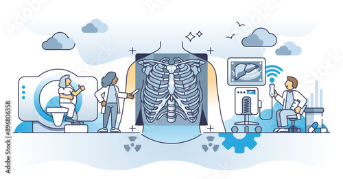 Radiology and medical diagnosis with x-ray or MRI technology outline concept, transparent background. Computer tomography or CT scan for bone fractures.