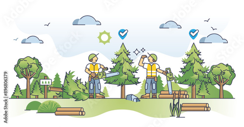 Selective harvesting process and pick a tree for cutting outline concept, transparent background. Arborists with sustainable, effective and nature friendly wood harvest illustration.