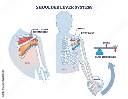 Shoulder lever system for shoulder and upper body movement outline diagram, transparent background. Labeled educational scheme with rotator cuff sits muscles, force, pivot point or load illustration.