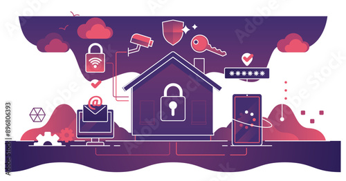 Smart home security using remote camera protection dark outline concept, transparent background.Autonomous technology usage for house key lock and CCTV camera illustration.