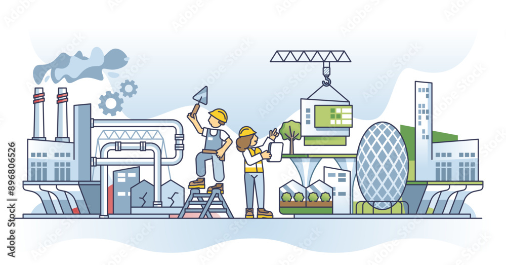 Urban renewal and rebuild for green and sustainable future outline concept, transparent background. Industrial area change to nature friendly and environmental residential region.
