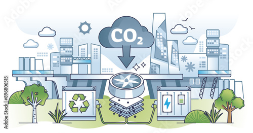 Urban pollution and solutions with carbon dioxide capture outline concept, transparent background. CO2 recycling system to improve city air quality and reduce greenhouse gases.