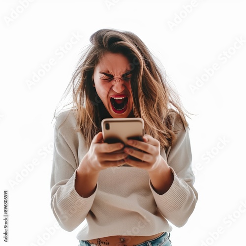 Angry Woman Yelling at Smart Phone Isolated Art White Background Generative Illustration